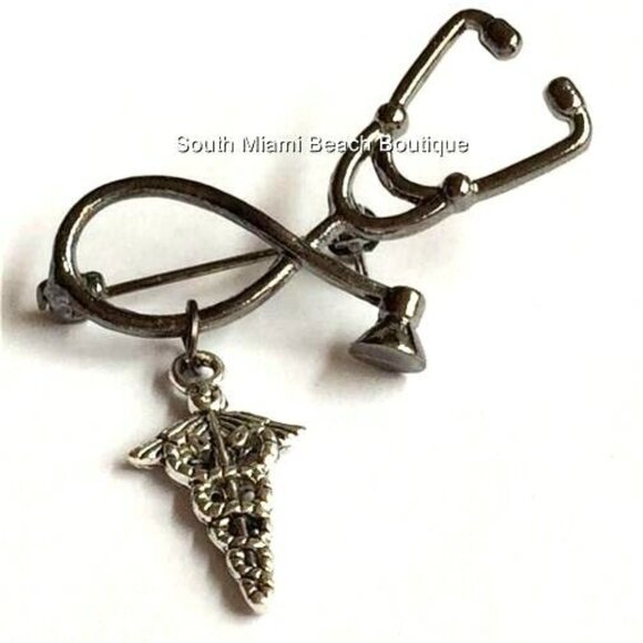 Medical Caduceus Stethoscope Pin Brooch Silver Plated Graduation Gift RN MD LPN - Picture 6 of 9